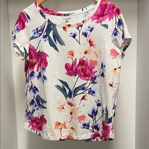 Lands' End Floral Short Sleeve Top - Pink, Blue, and White 100% Cotton Size L/P